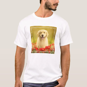 Golden Retirever in Red Flowers T-Shirt