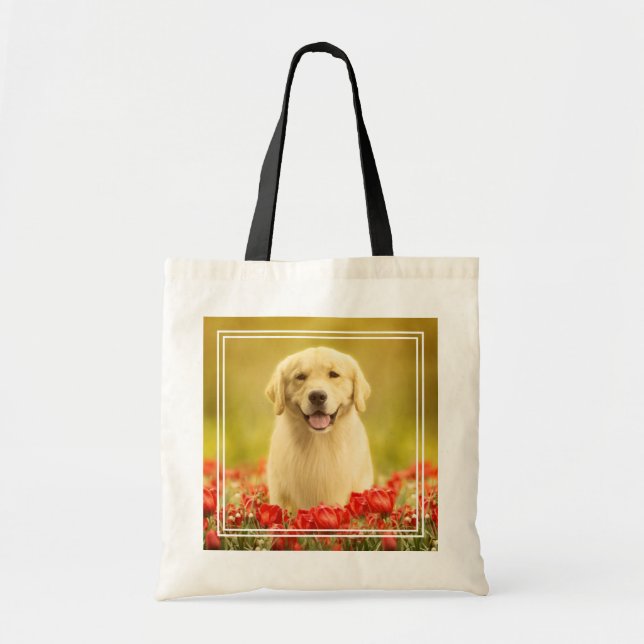 Golden Retirever in Red Flowers Tote Bag (Front)
