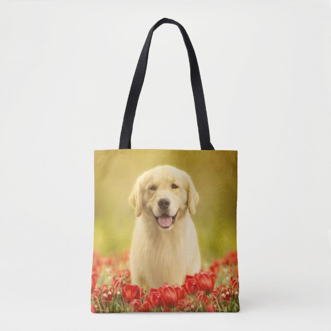 Golden Retirever in Red Flowers Tote Bag (Front)