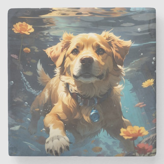 Golden Retreiver swimming with Flowers Stone Coaster (Front)