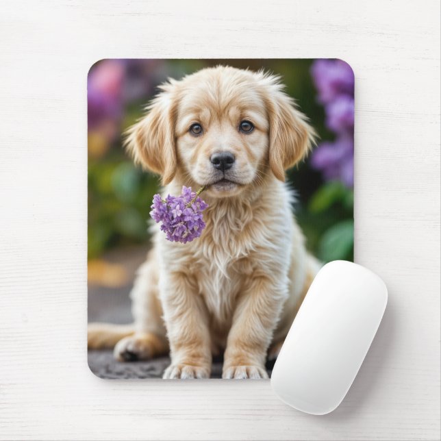 Golden Retrieve Puppy With Lilacs Mouse Mat (With Mouse)