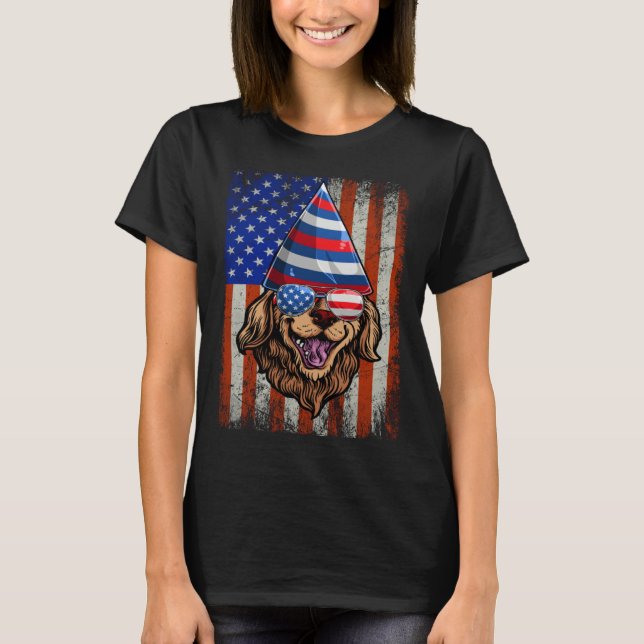 Golden Retriever 4th of July Flag American Sunglas T-Shirt (Front)