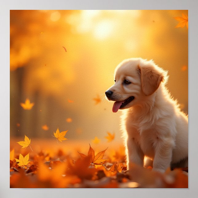 Golden Retriever 8K Puppy in Autumn Maple Leaves Poster (Front)