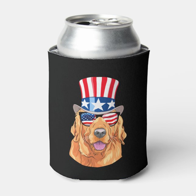 Golden Retriever America 4th of July USA Flag Can Cooler (Can Front)