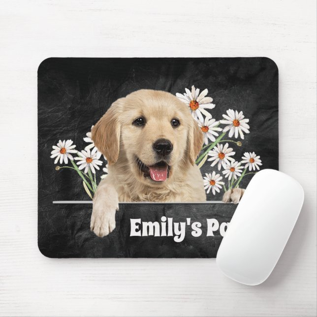 Golden Retriever and Daisies on Black Leather  Mouse Mat (With Mouse)