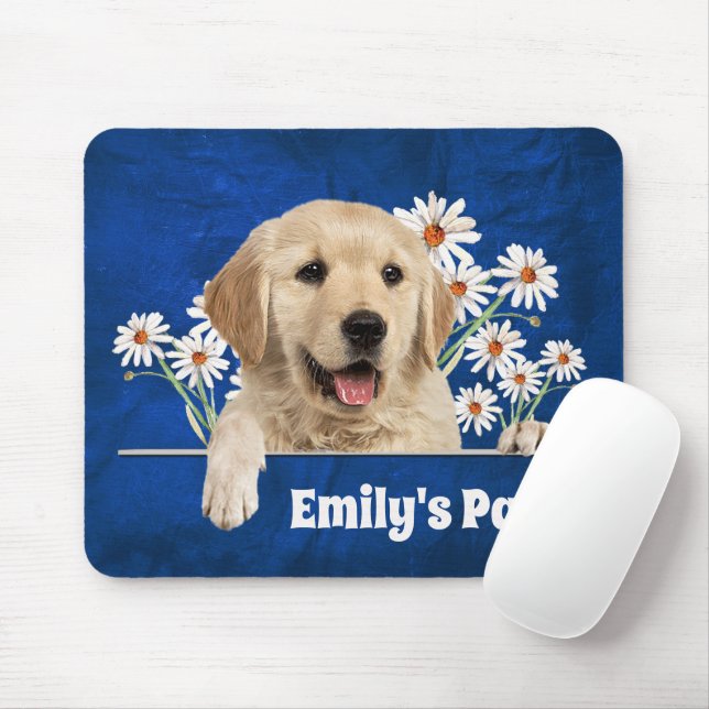 Golden Retriever and Daisies on Leather Mouse Mat (With Mouse)