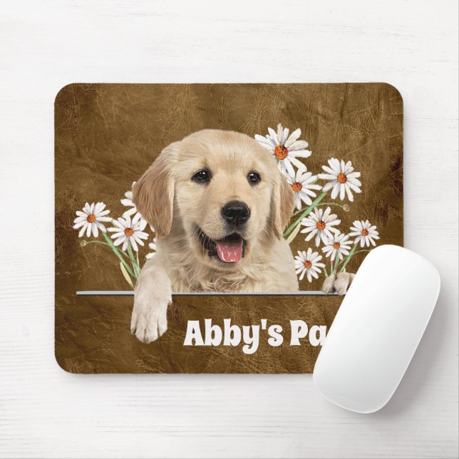 Golden Retriever and Daisies on Leather Mouse Mat (With Mouse)
