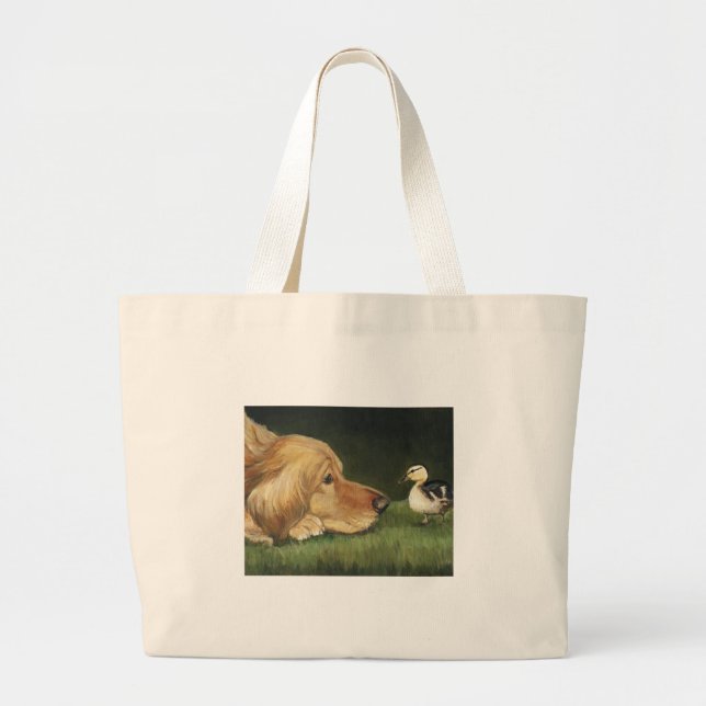 "Golden Retriever and Duckling" Dog Art Tote Bag (Front)