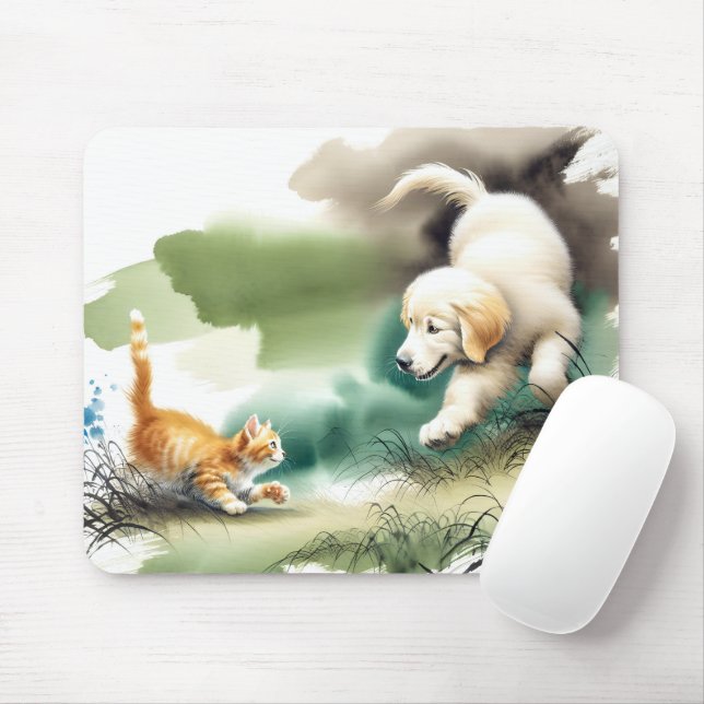 Golden Retriever and Ginger Kitten Mouse Mat (With Mouse)