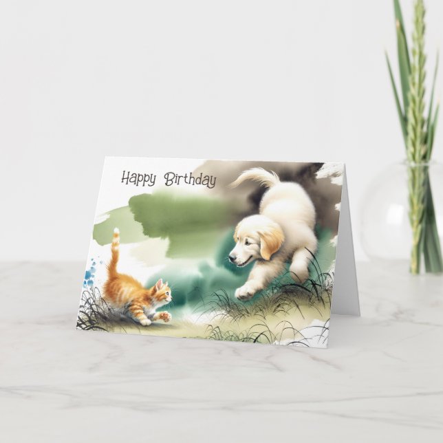 Golden Retriever and Kitten Birthday Card (Front)