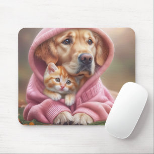 Golden Retriever and Kitten In Pink Hoodie Mouse Mat