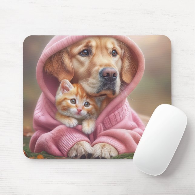 Golden Retriever and Kitten In Pink Hoodie Mouse Mat (With Mouse)