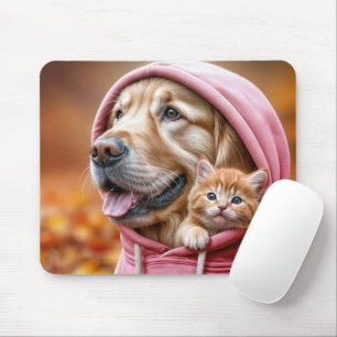 Golden Retriever and Kitten In Pink Hoodie Mouse Mat