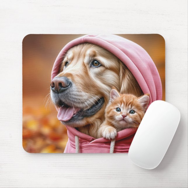 Golden Retriever and Kitten In Pink Hoodie Mouse Mat (With Mouse)