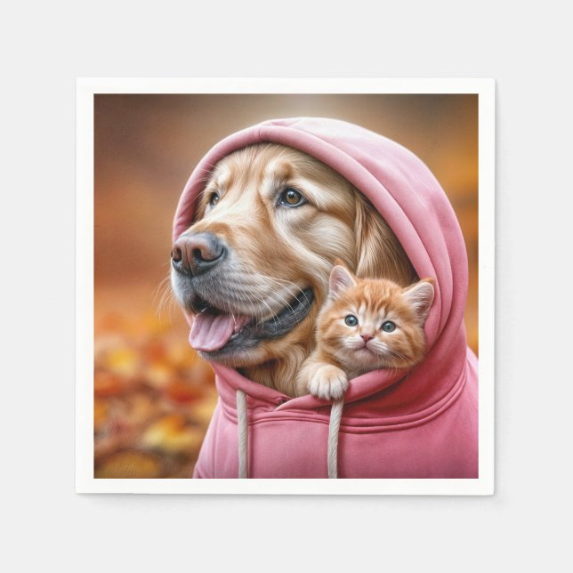 Golden Retriever and Kitten In Pink Hoodie Napkin (Front)