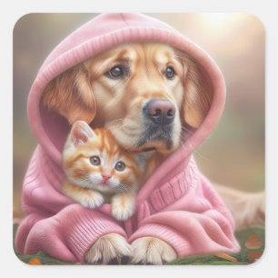 Golden Retriever and Kitten In Pink Hoodie Square Sticker
