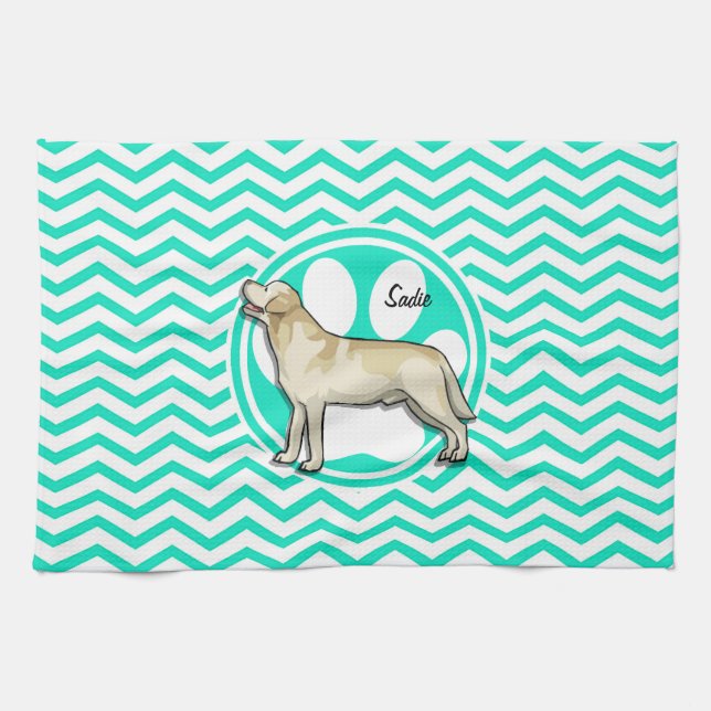 Golden Retriever; Aqua Green Chevron Tea Towel (Horizontal)