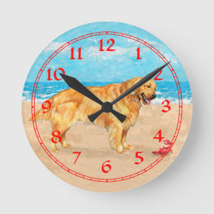 Golden Retriever at the Beach Round Clock