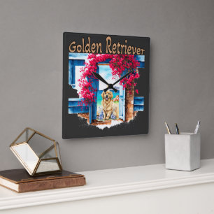 Golden Retriever at the Beach Square Wall Clock