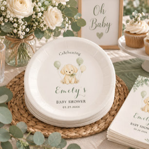 Golden Retriever Baby Shower Sage Green Eucalyptus Paper Plate