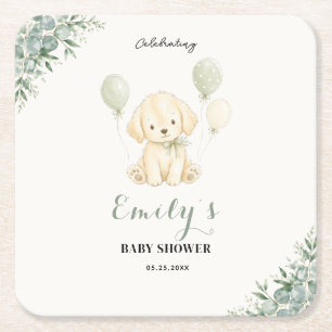 Golden Retriever Baby Shower Sage Green Eucalyptus Square Paper Coaster