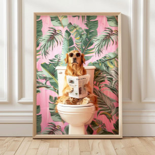 Golden Retriever Bathroom Print, Funny Poster Bath