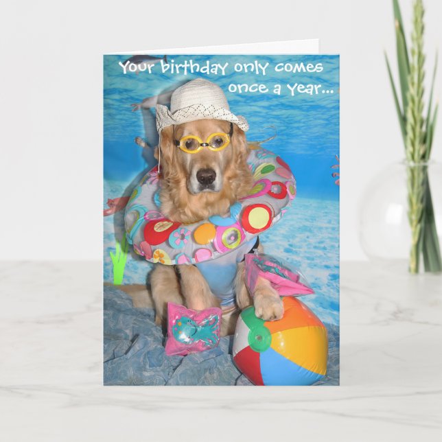 Golden Retriever Beach Bather Birthday Splash Card (Front)