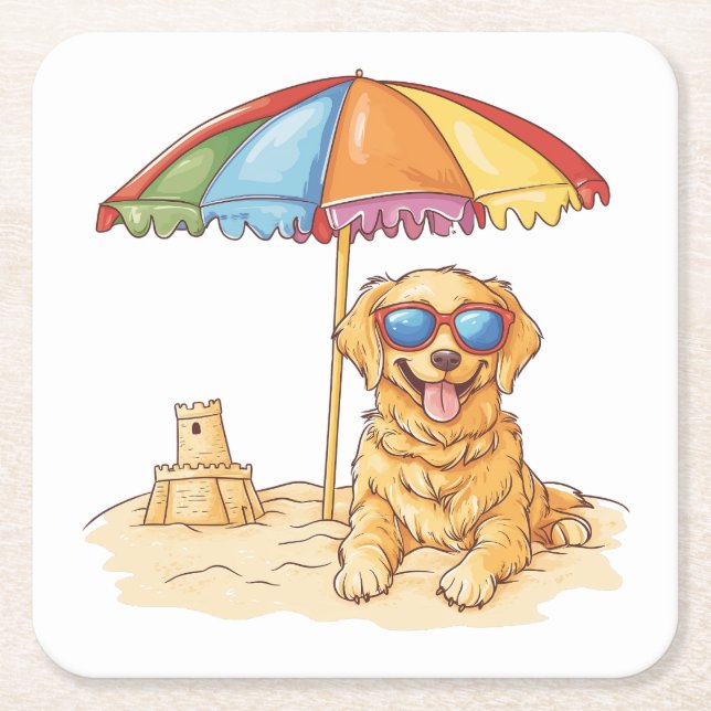Golden Retriever Beach Dog Square Paper Coaster (Front)