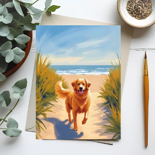 Golden Retriever Beach Path   Ocean Dog Pet Postcard