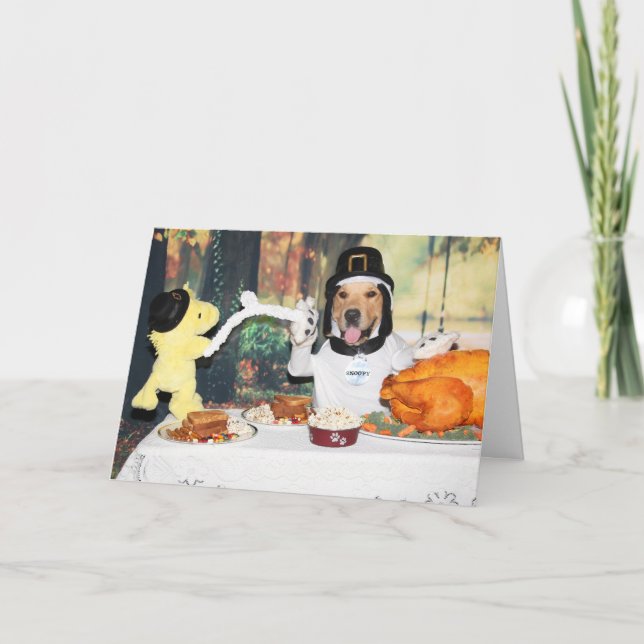 Golden Retriever Beagle and Bird Thanksgiving  Holiday Card (Front)