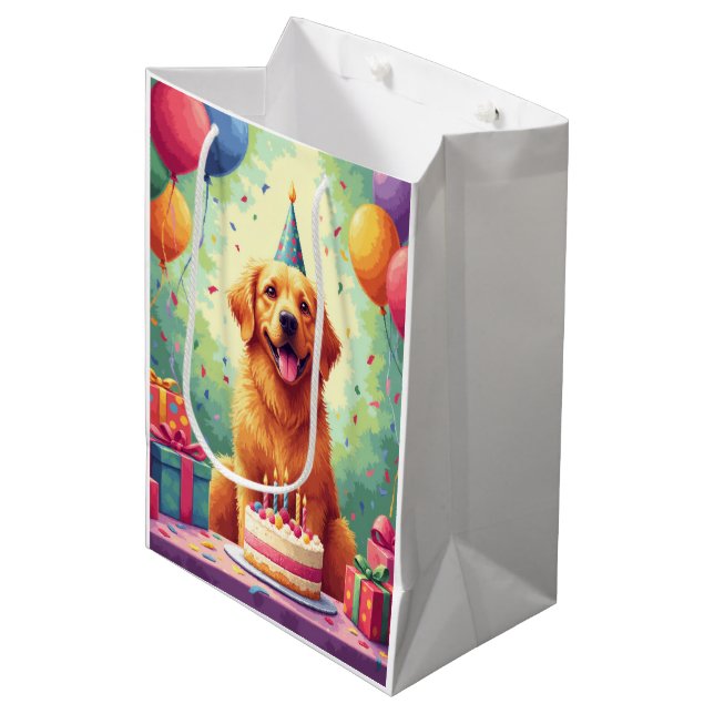 Golden Retriever Birthday Celebration Medium Gift Bag (Front Angled)