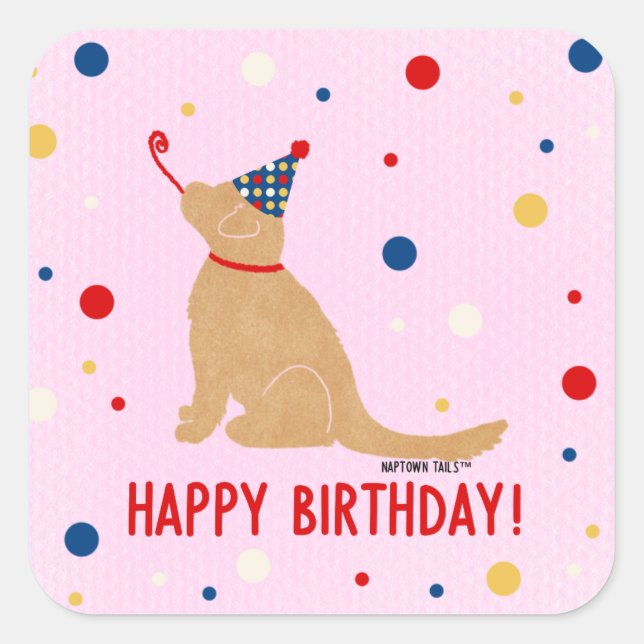 Golden Retriever Birthday Pink Background Bubbles  Square Sticker (Front)