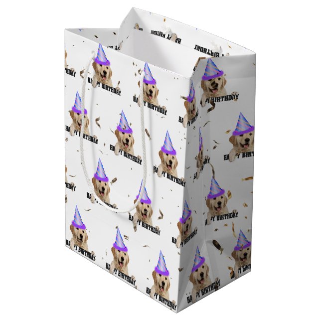 Golden Retriever birthday with confetti Medium Gift Bag (Back Angled)