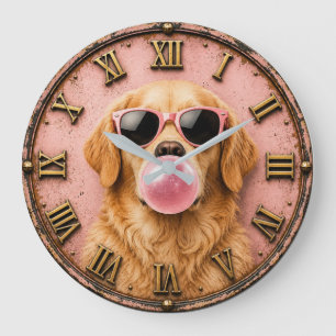 Golden Retriever Blowing Pink Bubble Gum Large Clock