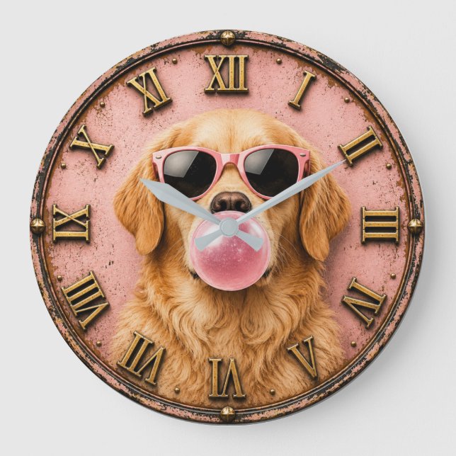Golden Retriever Blowing Pink Bubble Gum Large Clock (Front)