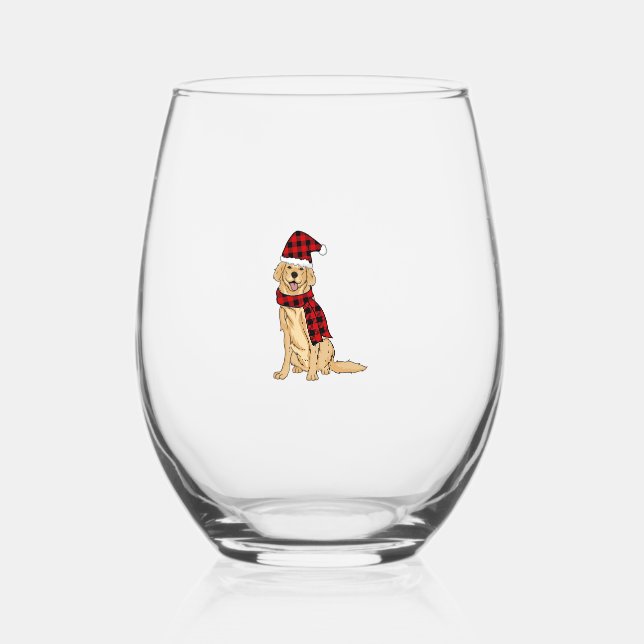 Golden Retriever Buffalo Plaid Retriever Dog Lover Stemless Wine Glass (Front)