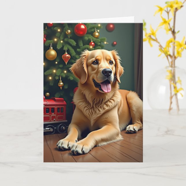 Golden Retriever by the Toy Train Christmas Card (Yellow Flower)