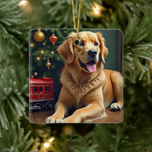 Golden Retriever by the Toy Train Christmas Ceramic Ornament