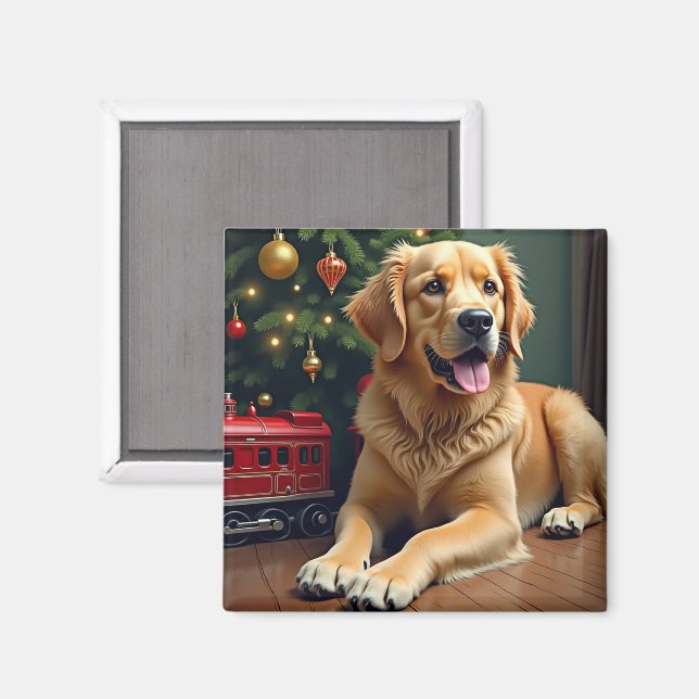 Golden Retriever by the Toy Train Christmas Magnet (Front/Back)