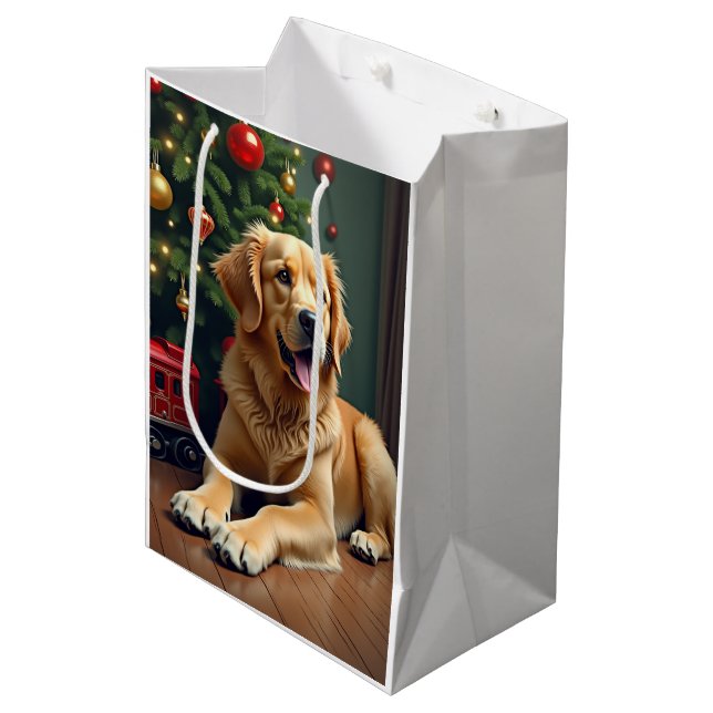 Golden Retriever by the Toy Train Christmas Medium Gift Bag (Front Angled)