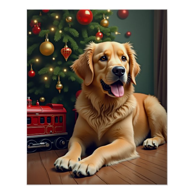Golden Retriever by the Toy Train Christmas Poster (Front)