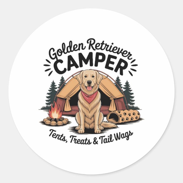 Golden Retriever Camper– Tents, Treats & Tail Wags Classic Round Sticker (Front)