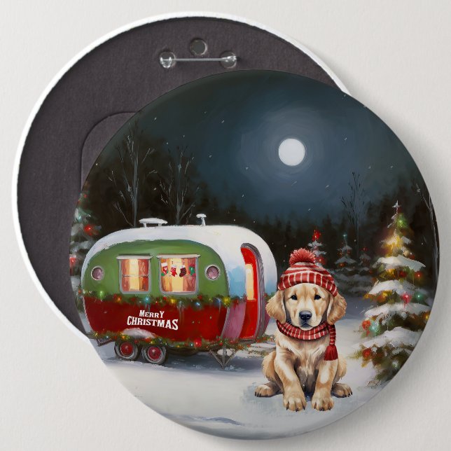 Golden Retriever Caravan Christmas Adventure 6 Cm Round Badge (Front & Back)