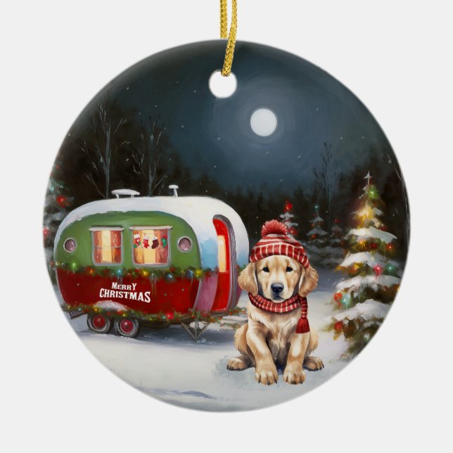 Golden Retriever Caravan Christmas Adventure Ceramic Tree Decoration (Front)