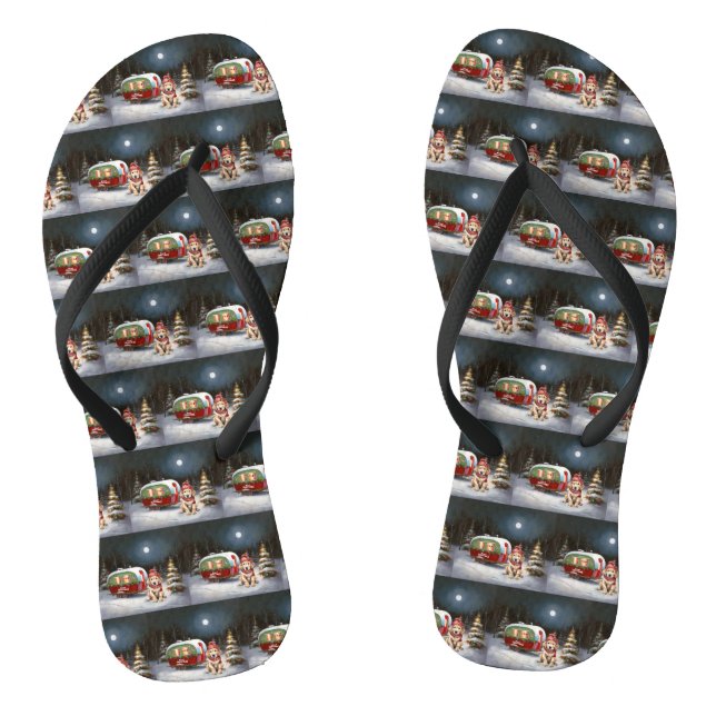 Golden Retriever Caravan Christmas Adventure Flip Flops (Footbed)