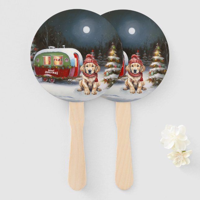 Golden Retriever Caravan Christmas Adventure Hand Fan (Front and Back)
