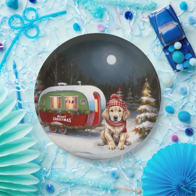 Golden Retriever Caravan Christmas Adventure Paper Plate (Party)