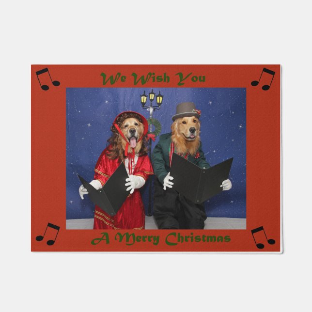 Golden Retriever Carolers Sing Merry Christmas Doormat (Front)