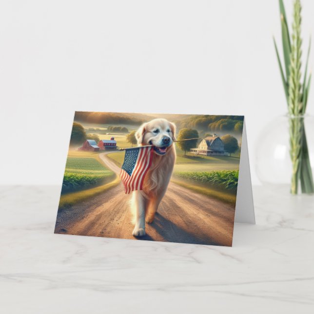 Golden Retriever Carrying an American Flag Card (Front)