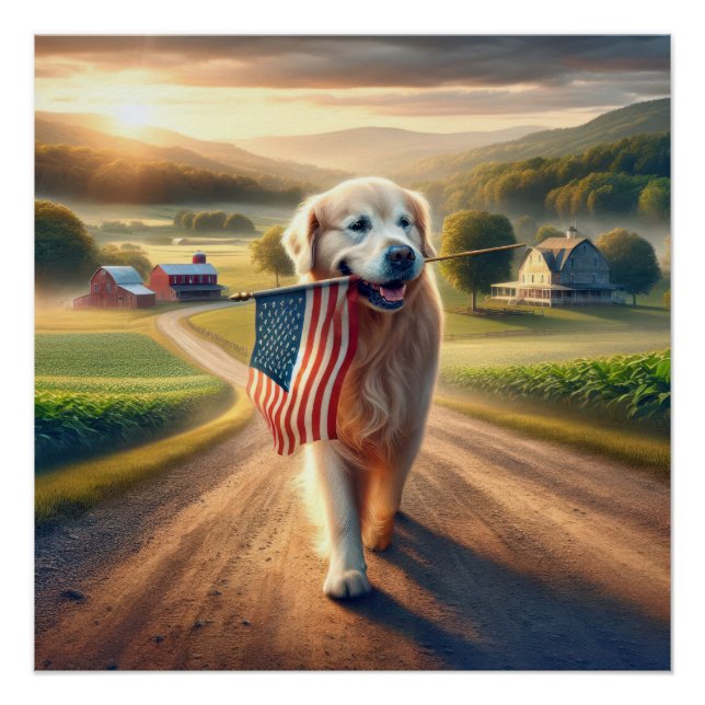 Golden Retriever Carrying an American Flag Poster (Front)